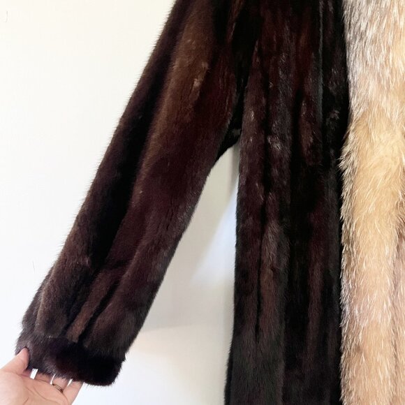 Mahogany Mink Fur Coat Size 10 Dyed Fox Tuxedo Long York Furrier Great Condition - Picture 4 of 16